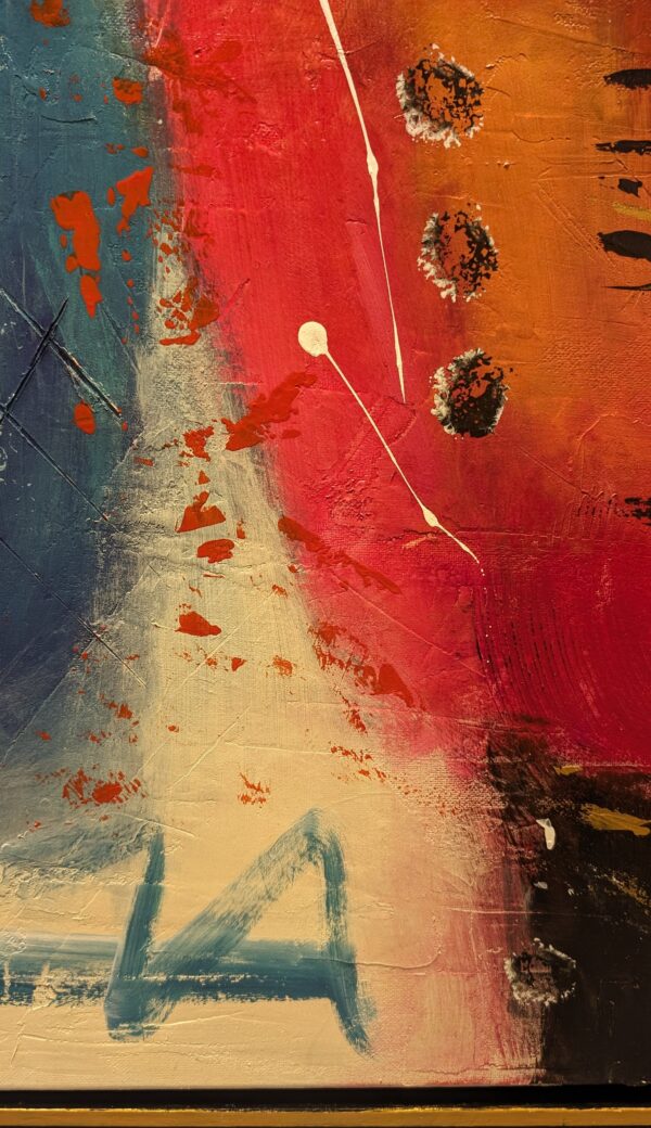 Acryl Mixed-Media Kunstwerk „Motivation“ – kräftige Blau-, Rot- und Goldtöne auf Leinwand, kombiniert mit Spachtelmasse, von Tatiana Guennewig