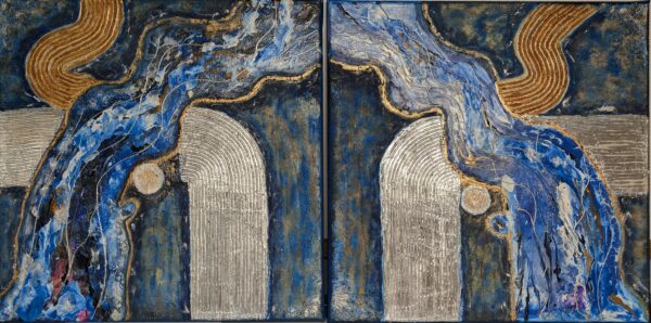 Acryl-Diptychon „Ströme der Unendlichkeit“ – Blautöne, Silber, Struktur, Bewegung, 2-teilig, je 50 x 50 cm