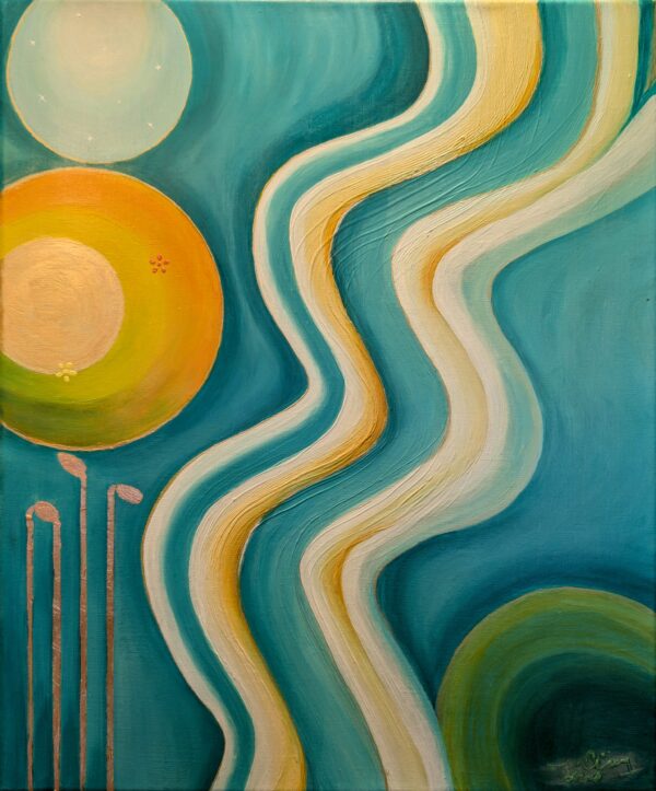 Acrylbild „Grüner Fluss der Ruhe“ – harmonische Grüntöne mit geschwungenen Linien, Goldakzenten & strukturierter Oberfläche, 60 x 50 cm