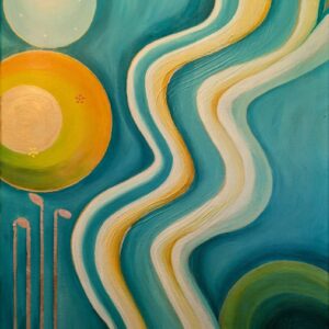 Acrylbild „Grüner Fluss der Ruhe“ – harmonische Grüntöne mit geschwungenen Linien, Goldakzenten & strukturierter Oberfläche, 60 x 50 cm