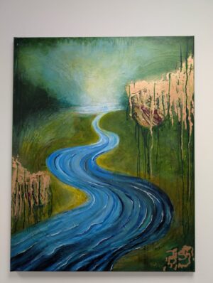 Triptychon „Harmonie der Elemente“ – Acryl Mixed Media mit Naturfarben, Struktur, Goldakzenten und ruhigen Wasserlandschaften, 70 x 90 cm