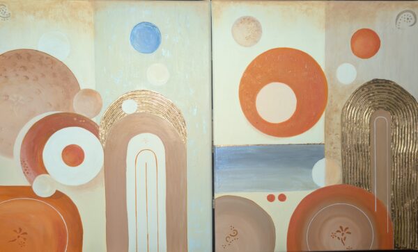 Diptychon „Verbundene Horizonte I & II“ – Acryl auf Leinwand mit Spachtelstruktur, Naturfarben & Blattgoldakzenten, 2 x 60 x 50 cm