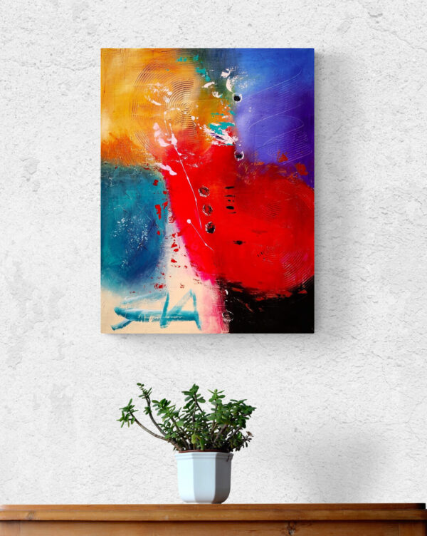 Acryl Mixed-Media Kunstwerk „Motivation“ – kräftige Blau-, Rot- und Goldtöne auf Leinwand, kombiniert mit Spachtelmasse, von Tatiana Guennewig
