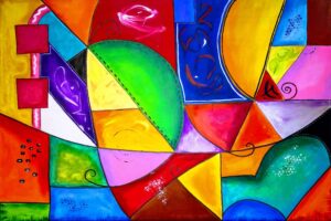 Abstraktes Acrylbild „Farbenmeer – Formen und Farben“ in leuchtenden Tönen mit dynamischen Formen auf Leinwand, 80 × 120 cm