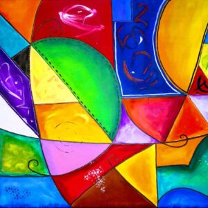 Abstraktes Acrylbild „Farbenmeer – Formen und Farben“ in leuchtenden Tönen mit dynamischen Formen auf Leinwand, 80 × 120 cm