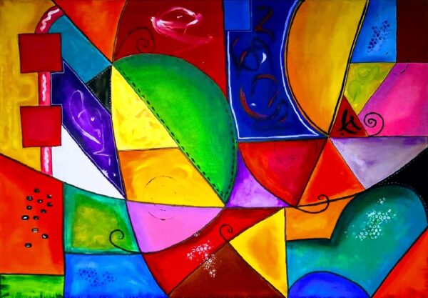 Abstraktes Acrylbild „Farbenmeer – Formen und Farben“ in leuchtenden Tönen mit dynamischen Formen auf Leinwand, 80 × 120 cm