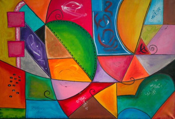 Abstraktes Acrylbild „Farbenmeer – Formen und Farben“ in leuchtenden Tönen mit dynamischen Formen auf Leinwand, 80 × 120 cm