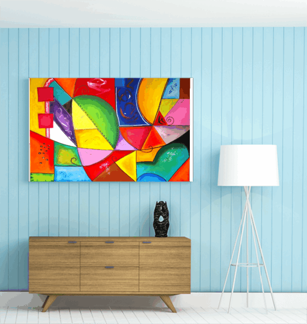 Abstraktes Acrylbild „Farbenmeer – Formen und Farben“ in leuchtenden Tönen mit dynamischen Formen auf Leinwand, 80 × 120 cm