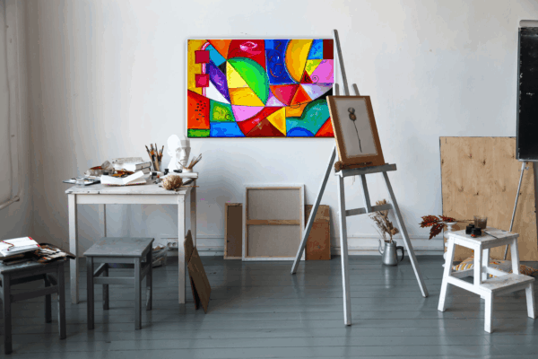 Abstraktes Acrylbild „Farbenmeer – Formen und Farben“ in leuchtenden Tönen mit dynamischen Formen auf Leinwand, 80 × 120 cm
