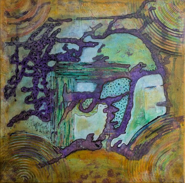 „Abstrakte Geografie“ – Acryl Mixed Media Kunstwerk auf Leinwand (40x40 cm), mit strukturreichen Formen, Linien und erdigen Farben in Kartografie-Optik.