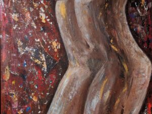 „Annäherung – Abstrakte Darstellung eines weiblichen Oberkörpers in Braun- und Rottönen, Acryl auf Leinwand, Serie ‚Zwischen Raum und Haut‘ von Tatiana Günnewig.“