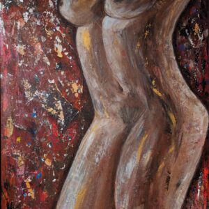 „Annäherung – Abstrakte Darstellung eines weiblichen Oberkörpers in Braun- und Rottönen, Acryl auf Leinwand, Serie ‚Zwischen Raum und Haut‘ von Tatiana Günnewig.“