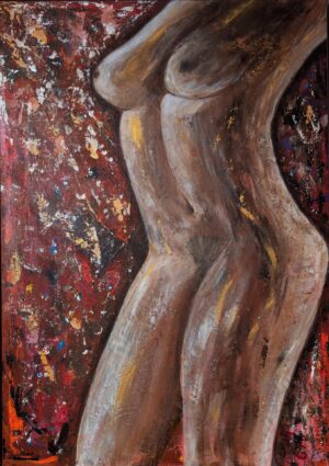 „Annäherung – Abstrakte Darstellung eines weiblichen Oberkörpers in Braun- und Rottönen, Acryl auf Leinwand, Serie ‚Zwischen Raum und Haut‘ von Tatiana Günnewig.“