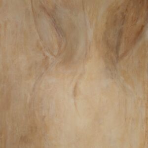 „Rückzug – reduzierte abstrakte Darstellung eines weiblichen Rückens in warmen Beige- und Hauttönen, Acryl auf Leinwand, Serie ‚Zwischen Raum und Haut‘ von Tatiana Günnewig.“