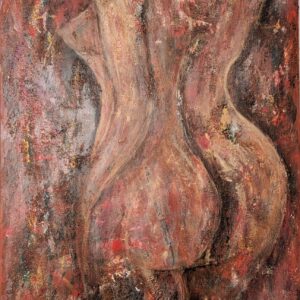 „Spannung – expressive abstrakte Darstellung eines weiblichen Rückens in kräftigen Rot-, Braun- und Erdtönen, strukturreiche Acrylmalerei auf Leinwand, Serie ‚Zwischen Raum und Haut‘ von Tatiana Günnewig.“