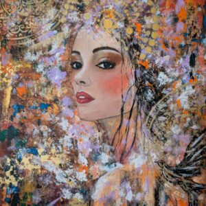 Abstraktes Acrylgemälde mit Frauenporträt „Zwischen den Welten“, Vogel und farbigen Strukturen